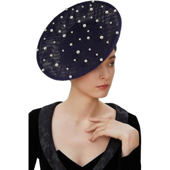 Fascinator Hat Cocktail Tea Party Navy Blue-Pearl